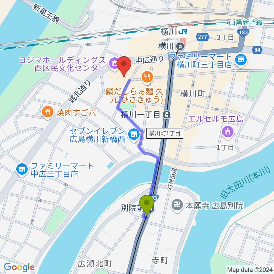 別院前駅からコジマホールディングス西区民文化センターへのルートマップ地図
