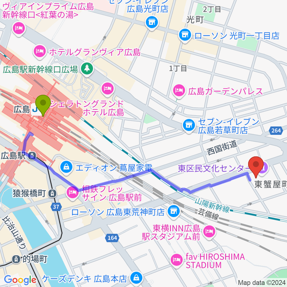 広島駅から広島市東区民文化センターへのルートマップ地図