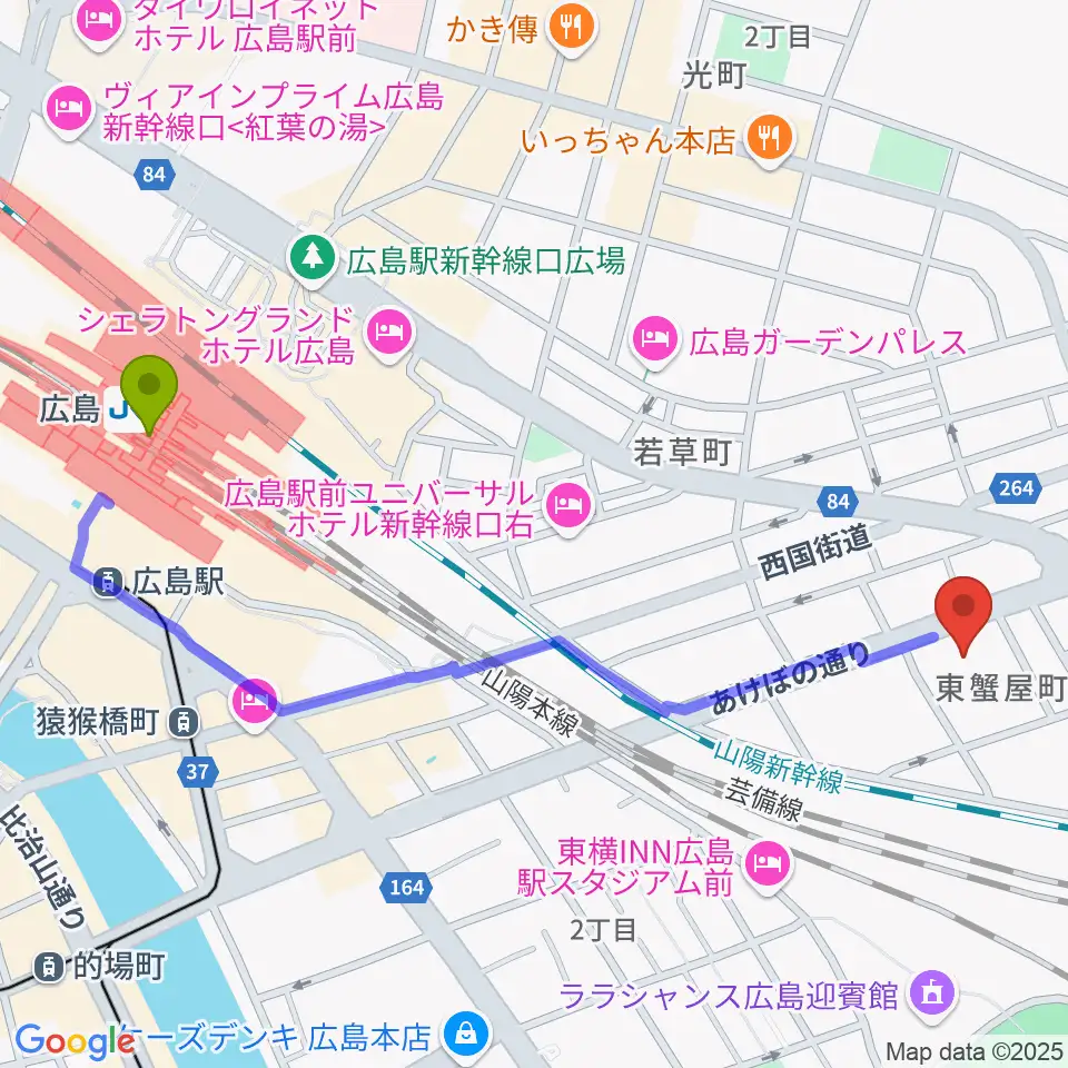 広島駅から広島市東区民文化センターへのルートマップ地図
