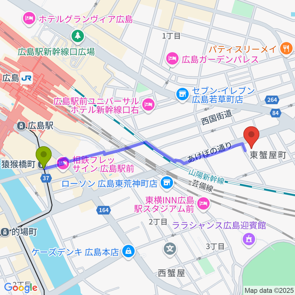 広島市東区民文化センターの最寄駅猿猴橋町駅からの徒歩ルート（約11分）地図