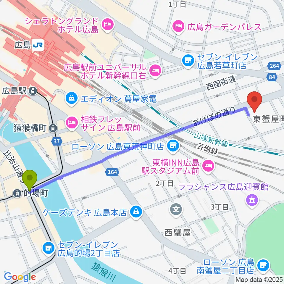 的場町駅から広島市東区民文化センターへのルートマップ地図