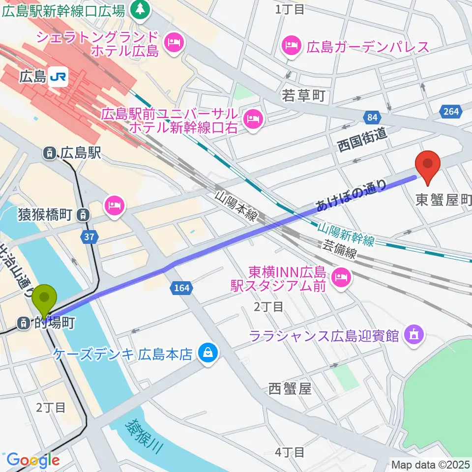 的場町駅から広島市東区民文化センターへのルートマップ地図