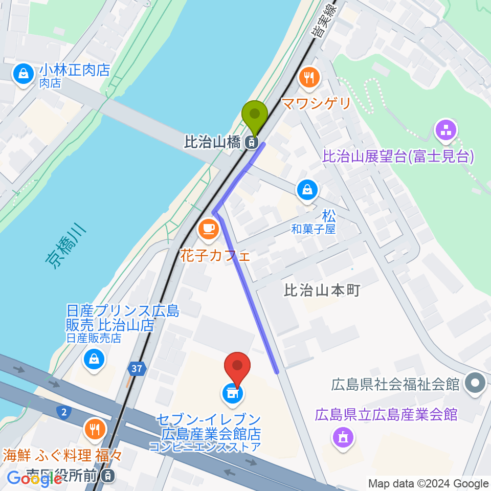 比治山橋駅から広島市南区民文化センターへのルートマップ地図