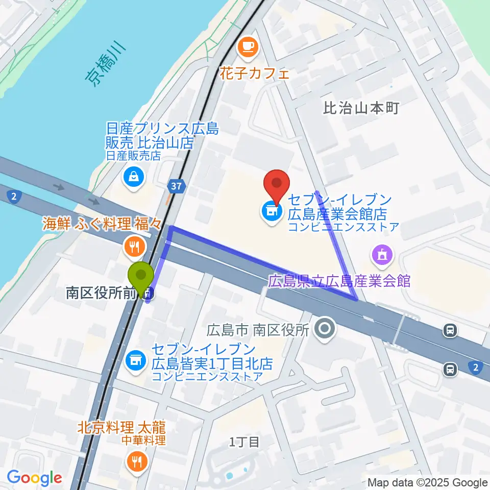 広島市南区民文化センターの最寄駅南区役所前駅からの徒歩ルート（約3分）地図