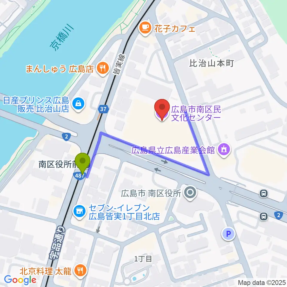広島市南区民文化センターの最寄駅南区役所前駅からの徒歩ルート（約3分）地図
