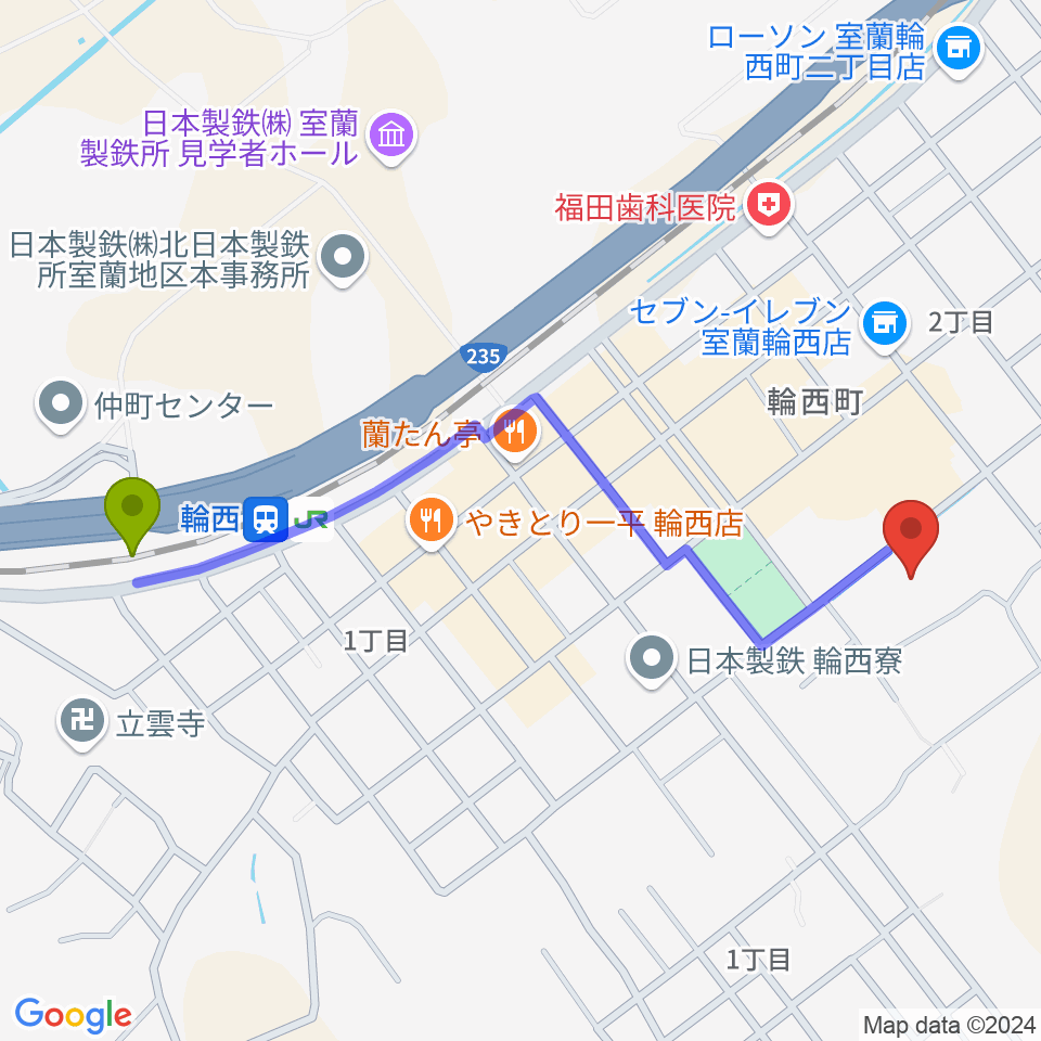 FMびゅーの最寄駅輪西駅からの徒歩ルート（約11分）地図