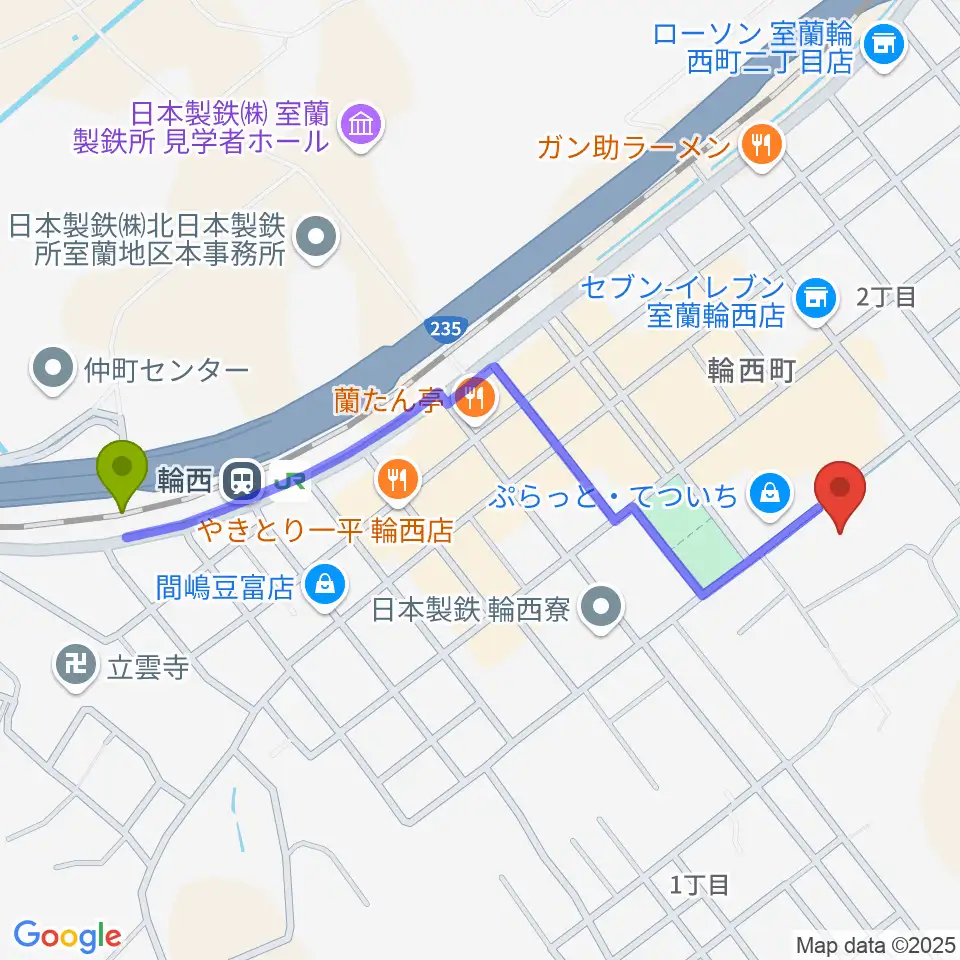 FMびゅーの最寄駅輪西駅からの徒歩ルート（約11分）地図