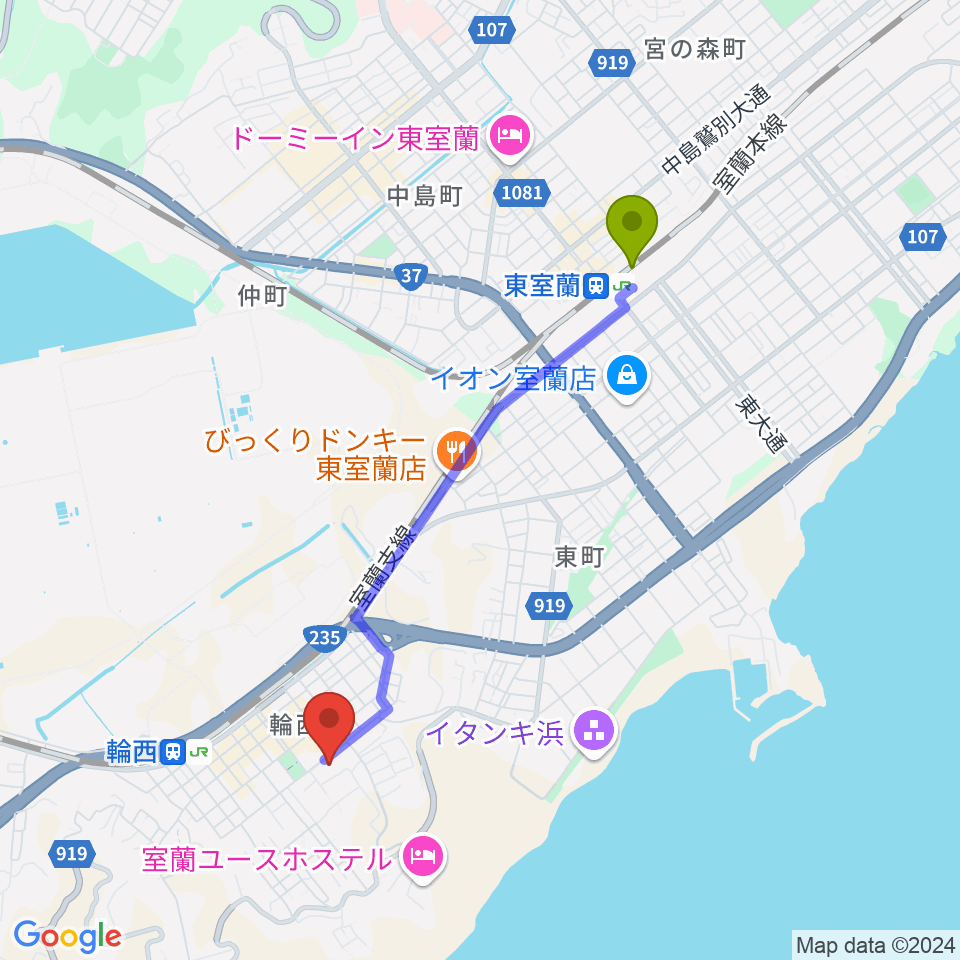 東室蘭駅からFMびゅーへのルートマップ地図