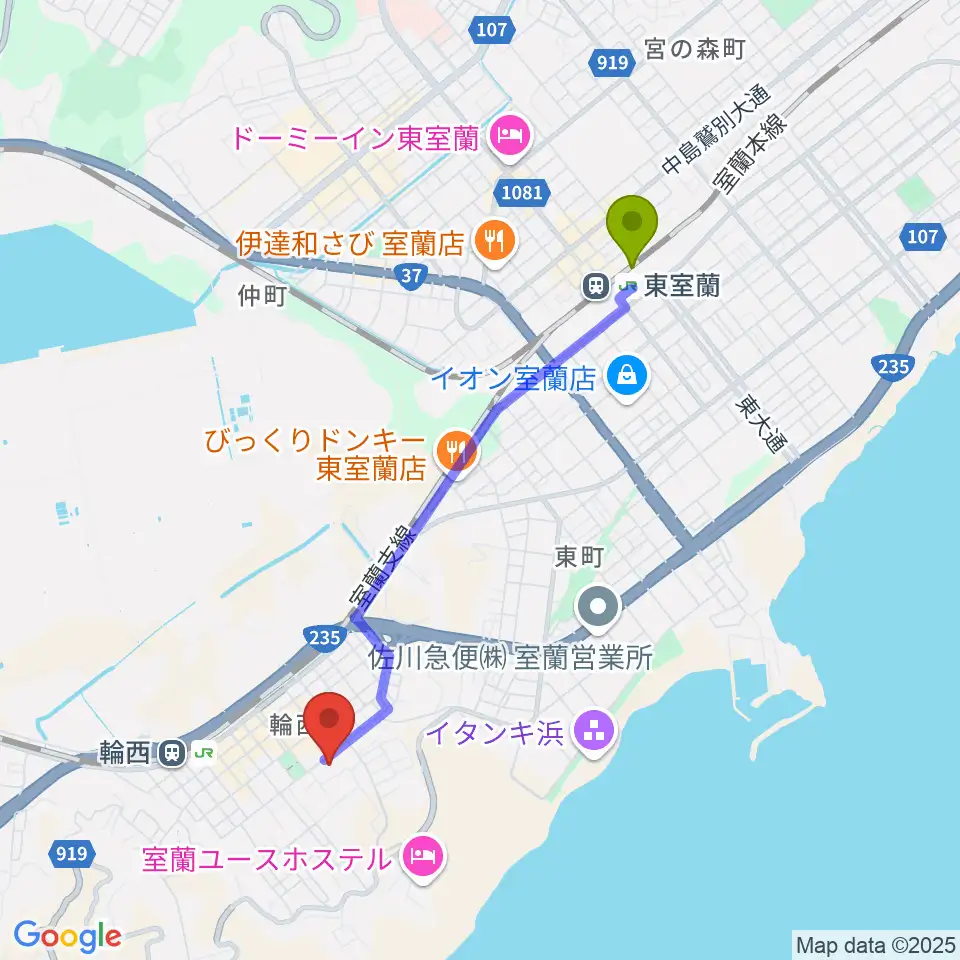 東室蘭駅からFMびゅーへのルートマップ地図