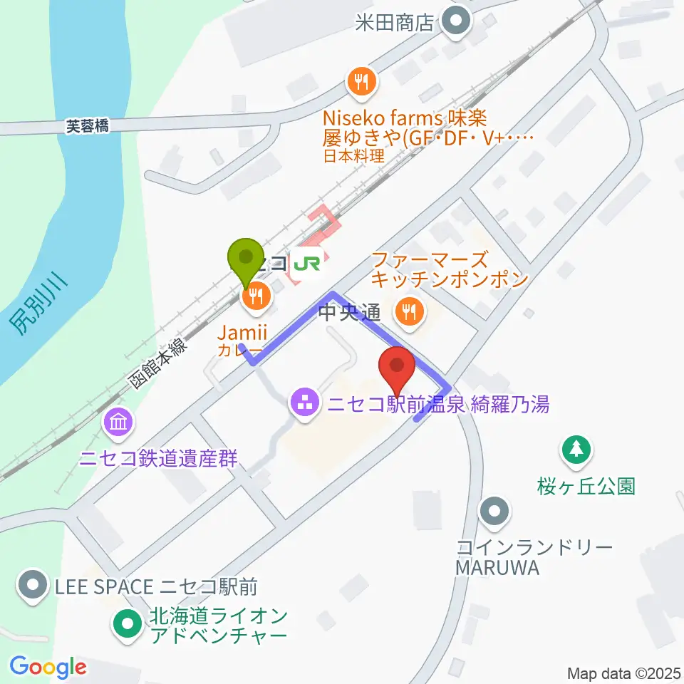 ラジオニセコの最寄駅ニセコ駅からの徒歩ルート（約2分）地図