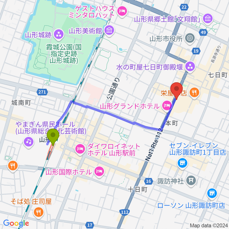 ラジオモンスターの最寄駅山形駅からの徒歩ルート（約17分）地図