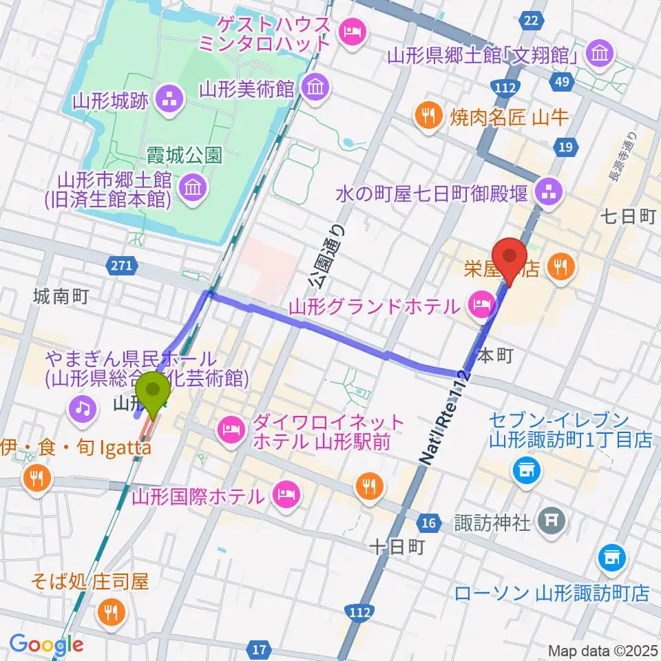 ラジオモンスターの最寄駅山形駅からの徒歩ルート（約17分）地図