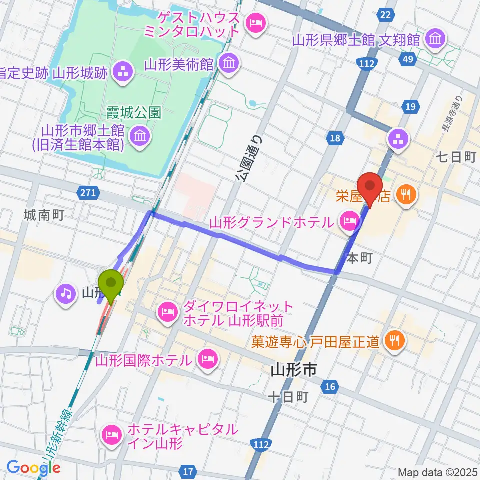 ラジオモンスターの最寄駅山形駅からの徒歩ルート（約17分）地図