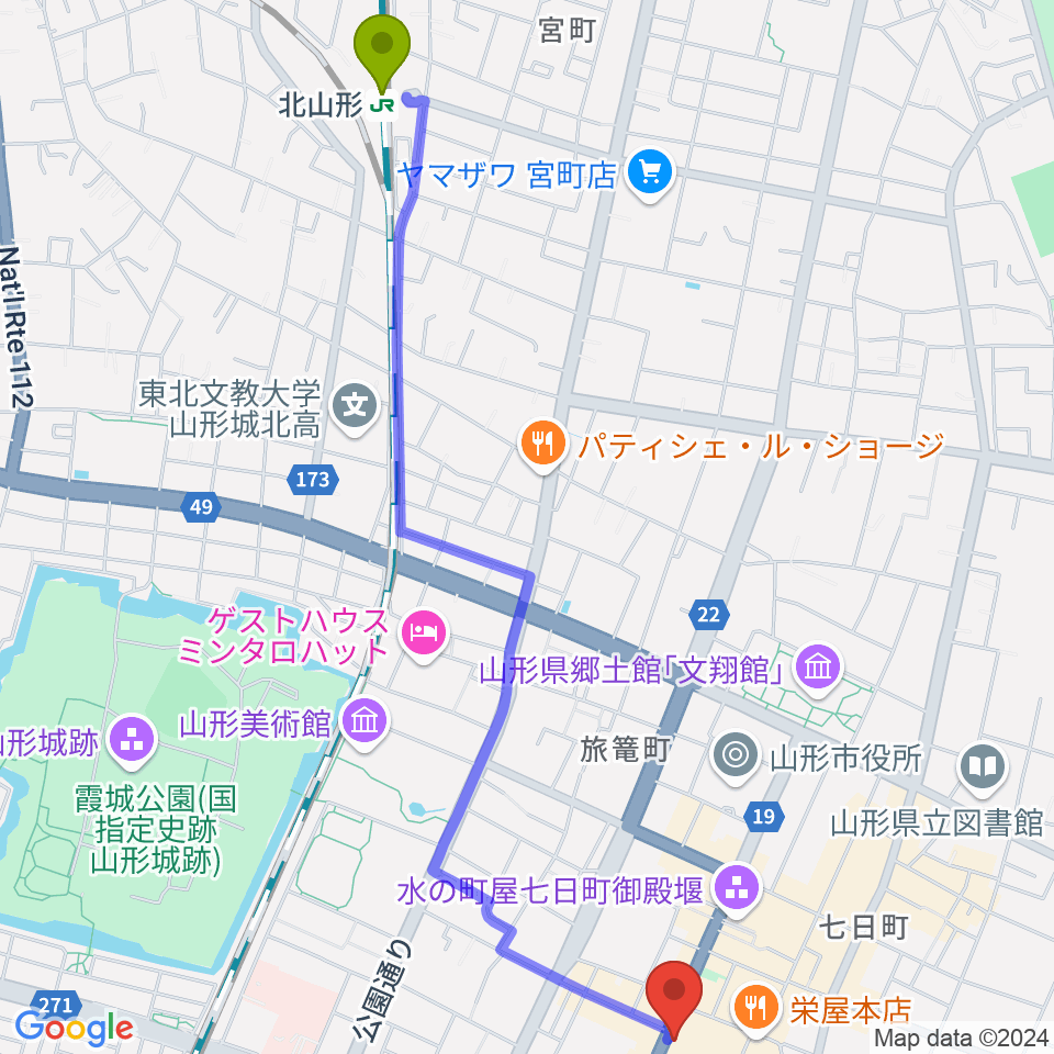 北山形駅からラジオモンスターへのルートマップ地図