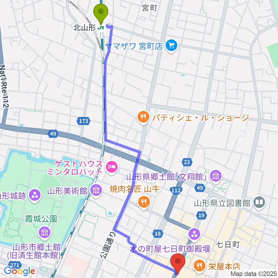 北山形駅からラジオモンスターへのルートマップ地図