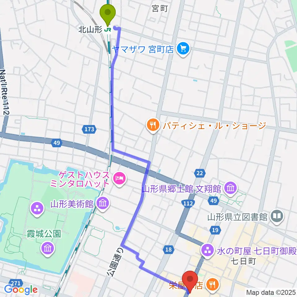 北山形駅からラジオモンスターへのルートマップ地図