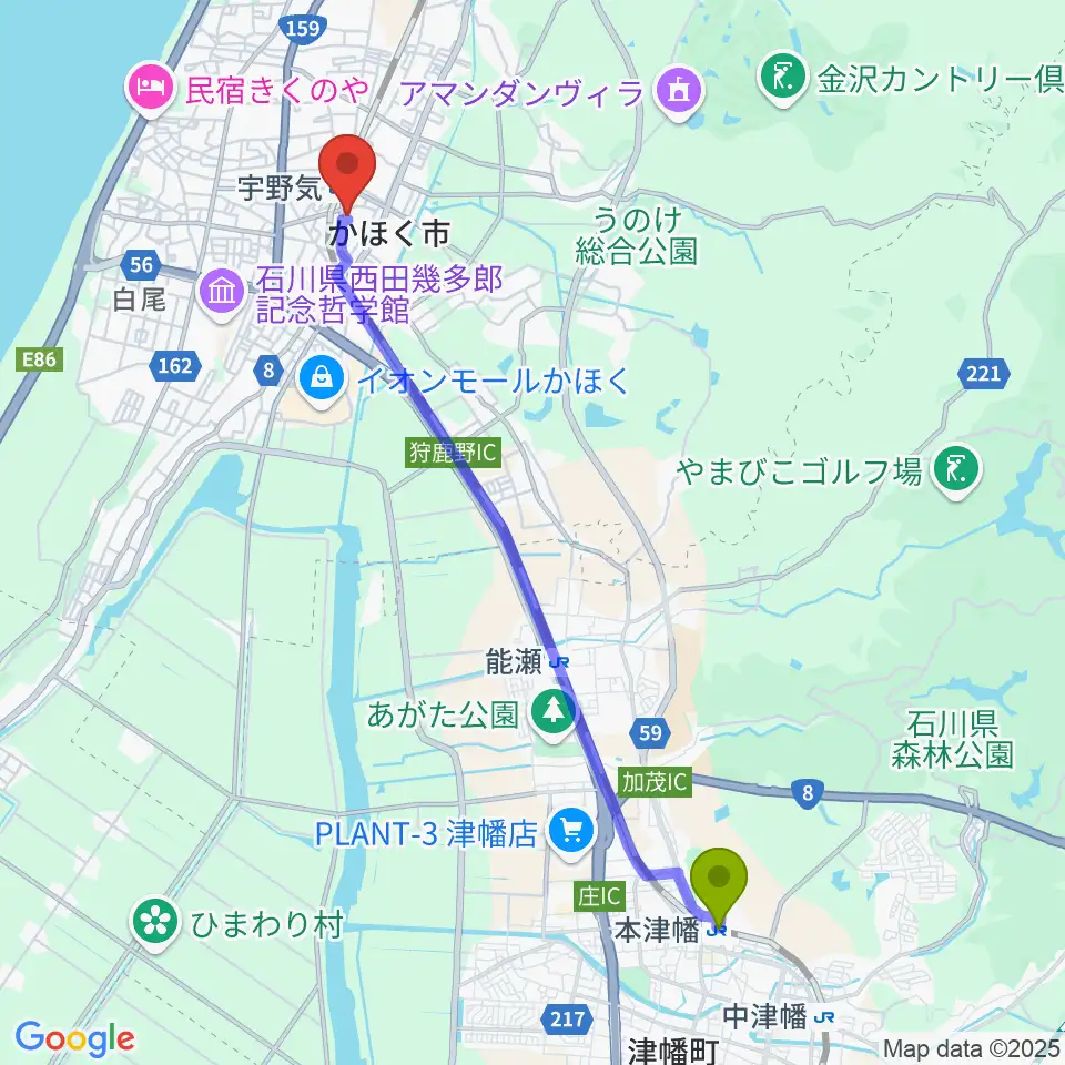 本津幡駅から開進堂楽器 MPC宇ノ気へのルートマップ地図