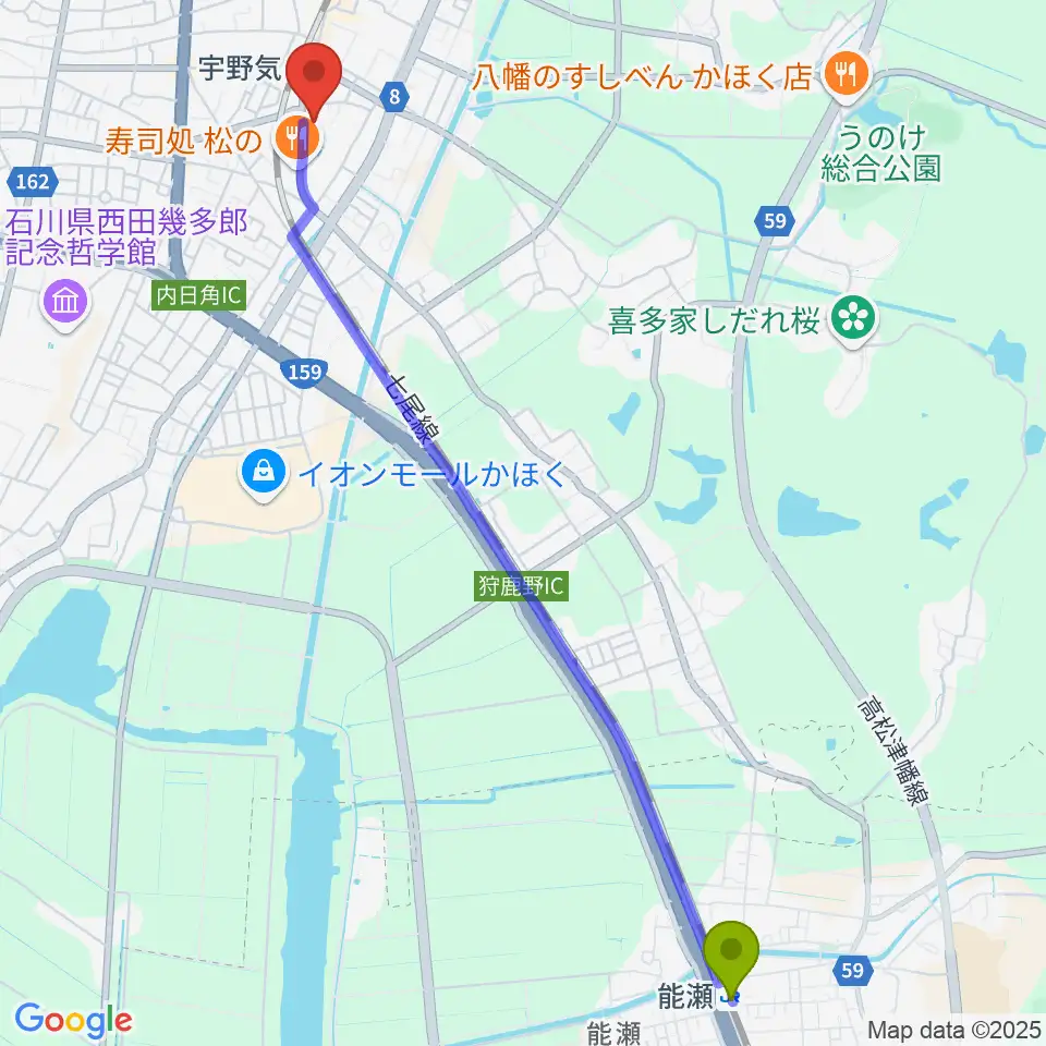 能瀬駅から開進堂楽器 MPC宇ノ気へのルートマップ地図