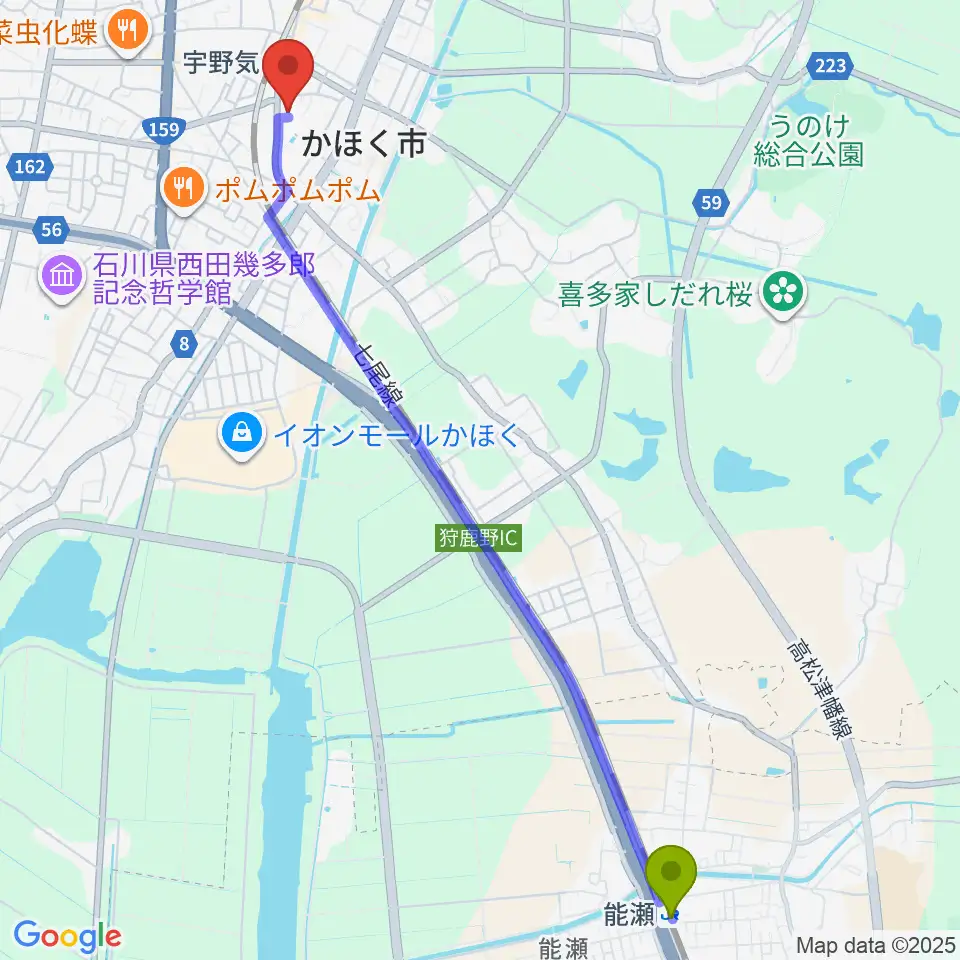 能瀬駅から開進堂楽器 MPC宇ノ気へのルートマップ地図
