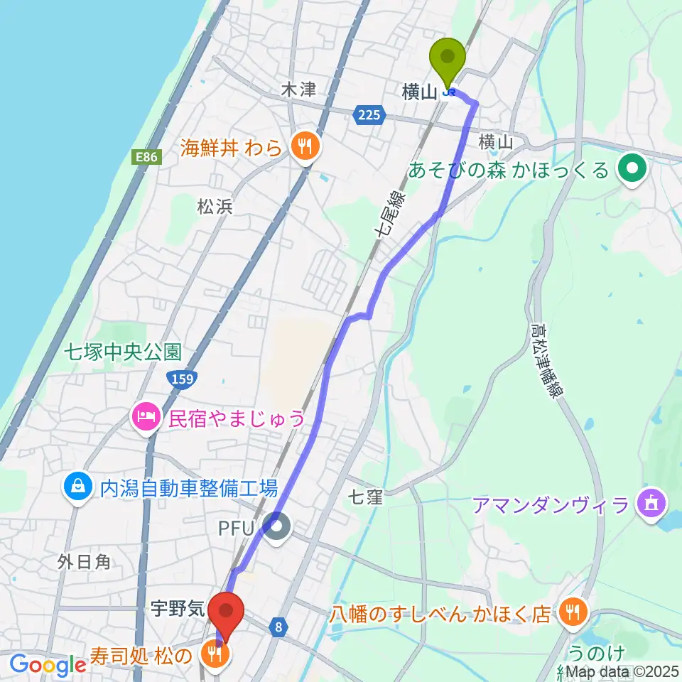 横山駅から開進堂楽器 MPC宇ノ気へのルートマップ地図
