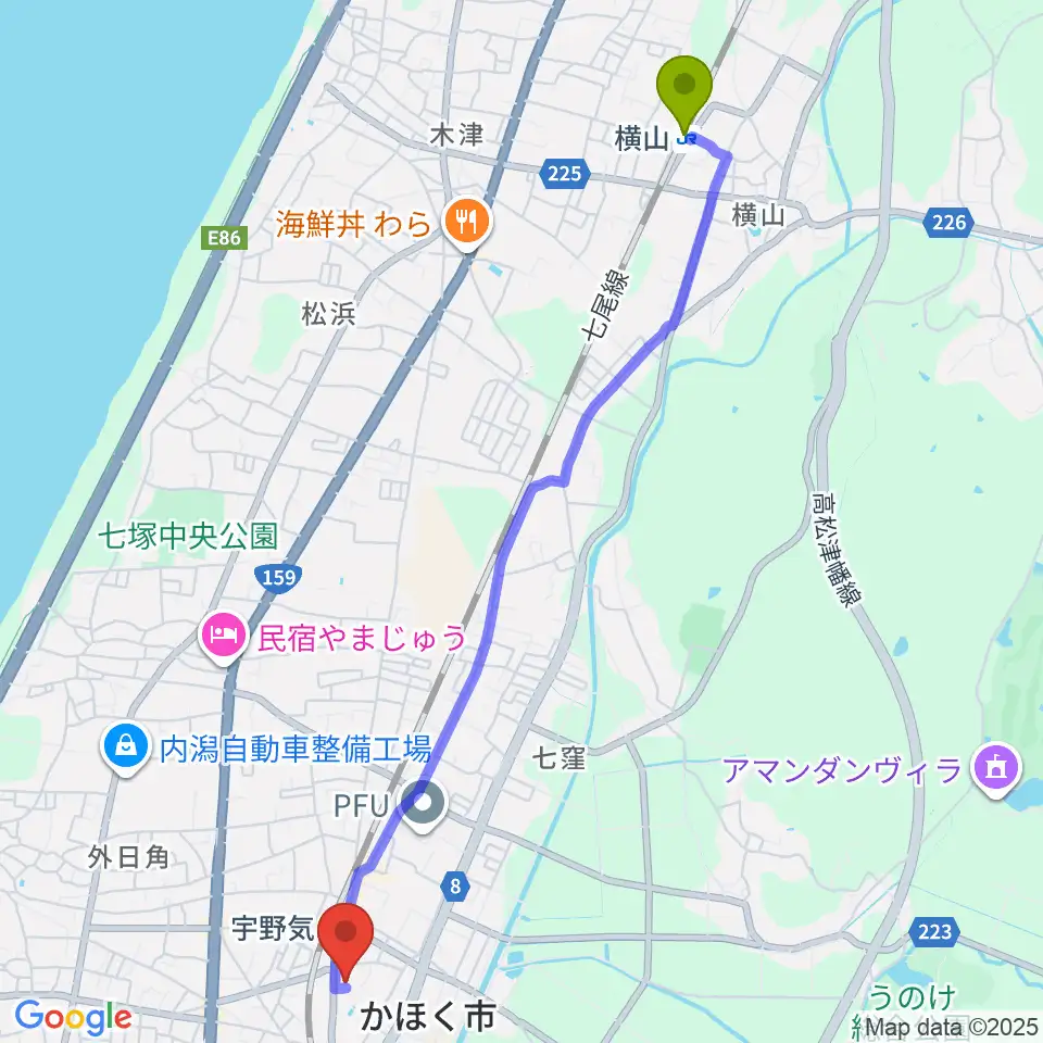 横山駅から開進堂楽器 MPC宇ノ気へのルートマップ地図