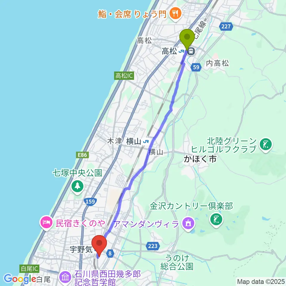 高松駅から開進堂楽器 MPC宇ノ気へのルートマップ地図