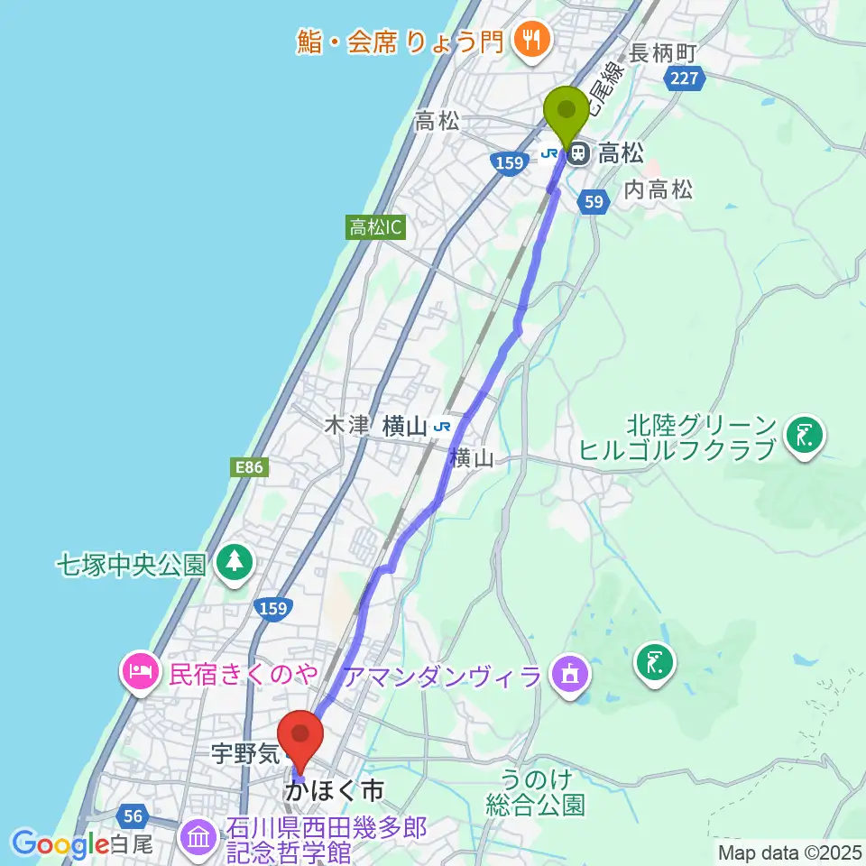 高松駅から開進堂楽器 MPC宇ノ気へのルートマップ地図