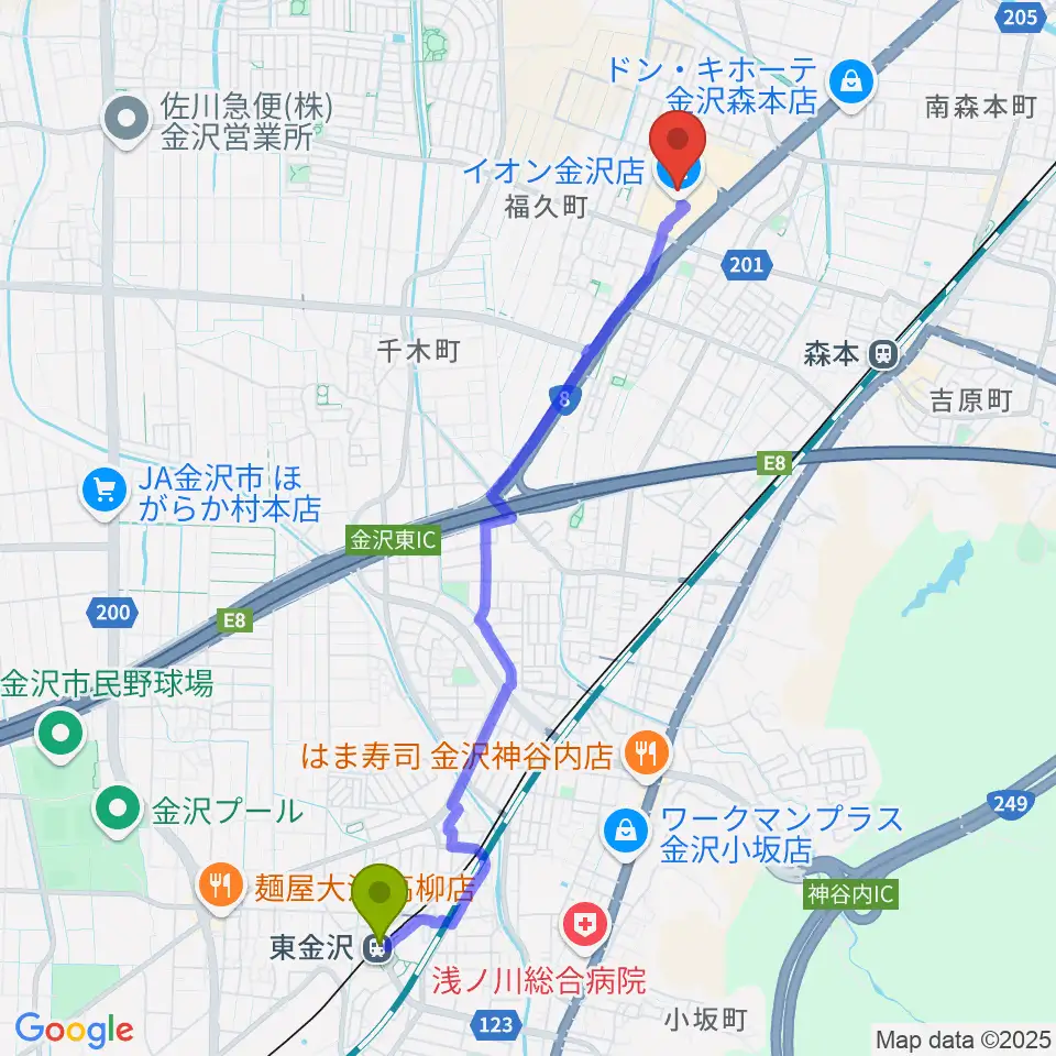 東金沢駅から開進堂楽器 MPC森本へのルートマップ地図
