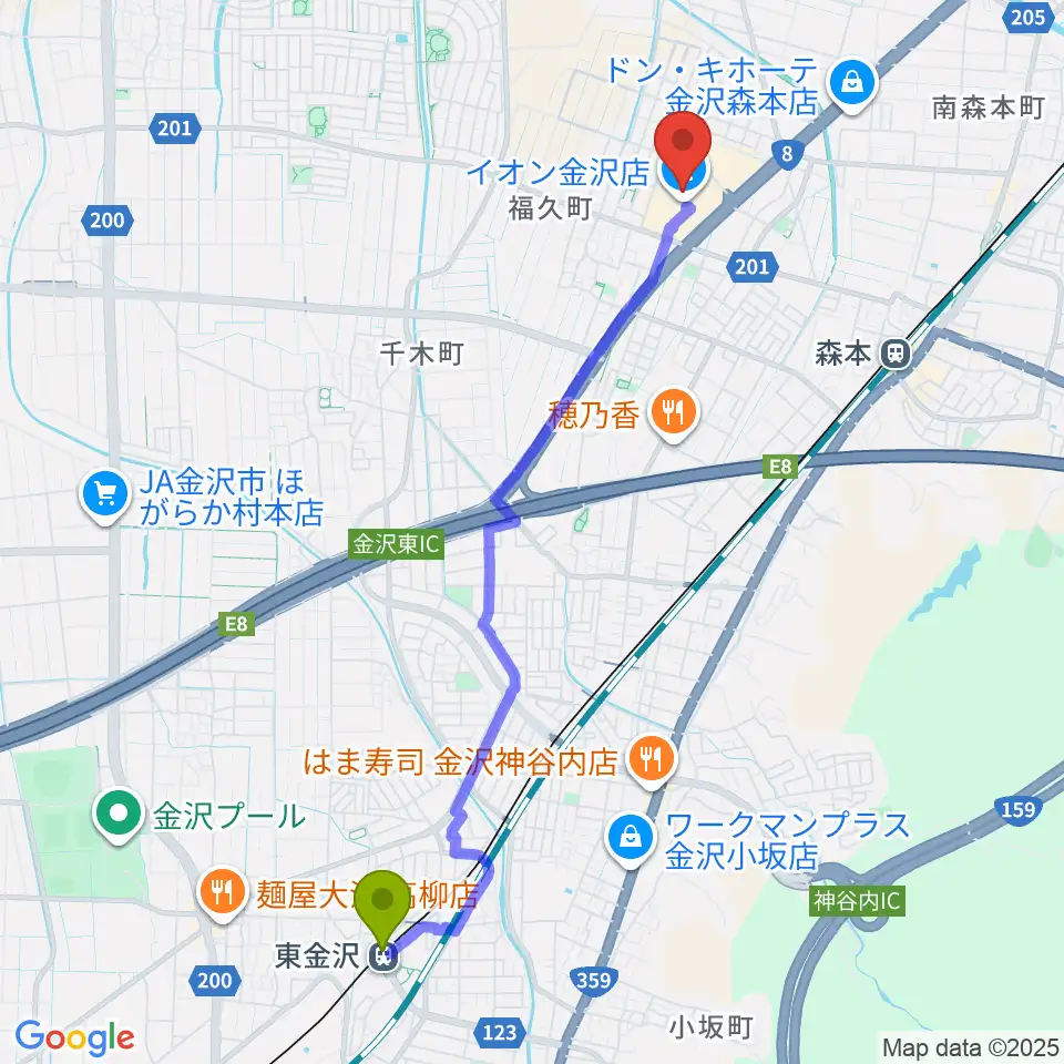 東金沢駅から開進堂楽器 MPC森本へのルートマップ地図
