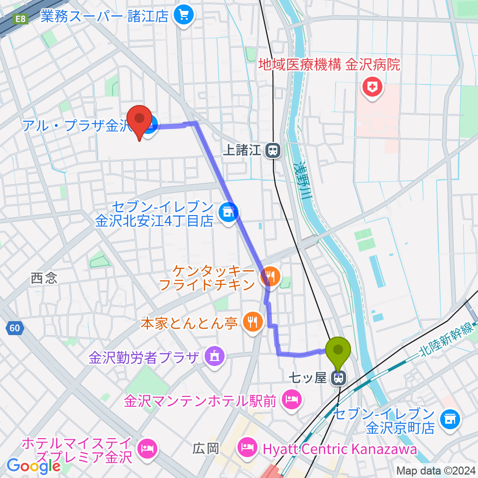 七ツ屋駅から開進堂楽器 MPC諸江へのルートマップ地図