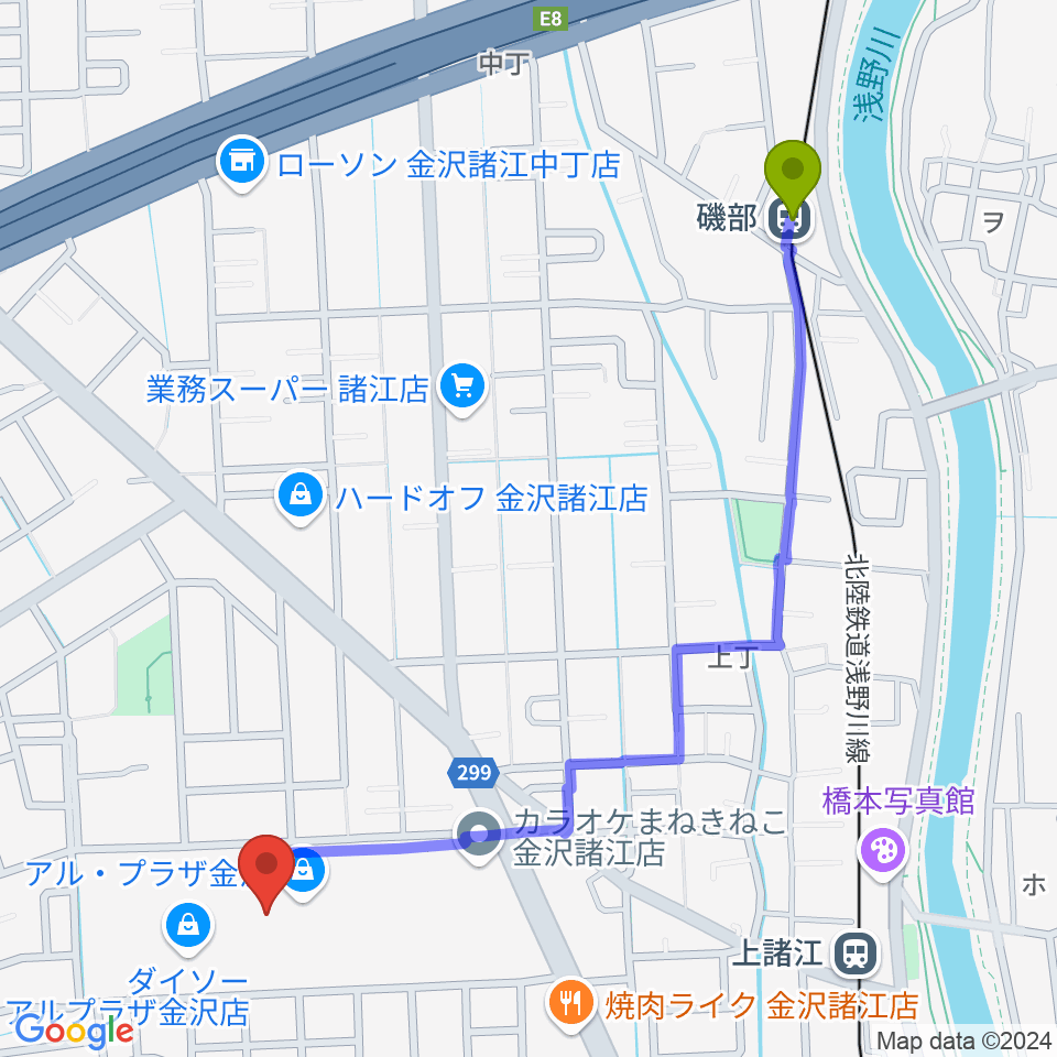 磯部駅から開進堂楽器 MPC諸江へのルートマップ地図