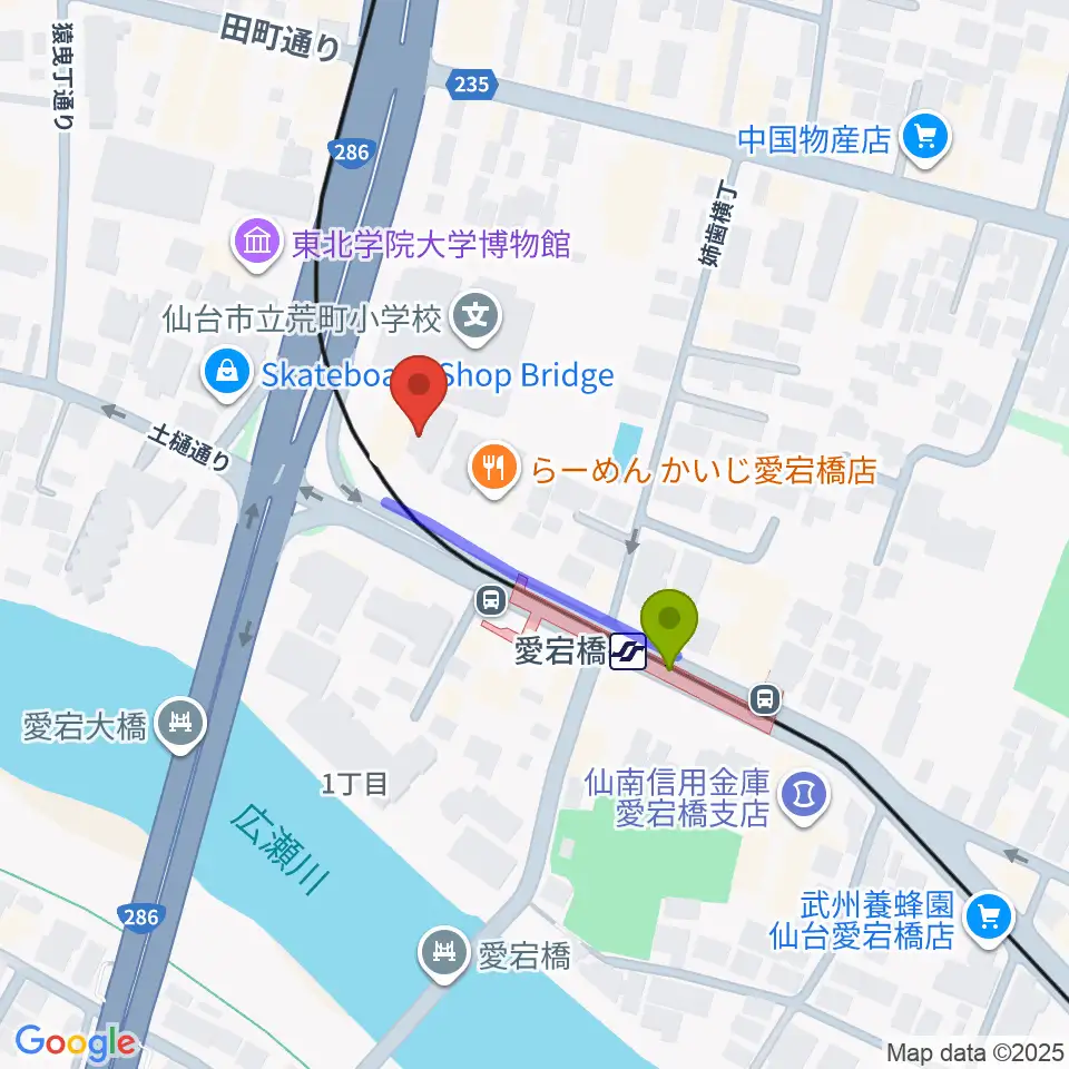 ラジオ3 仙台シティエフエムの最寄駅愛宕橋駅からの徒歩ルート（約2分）地図