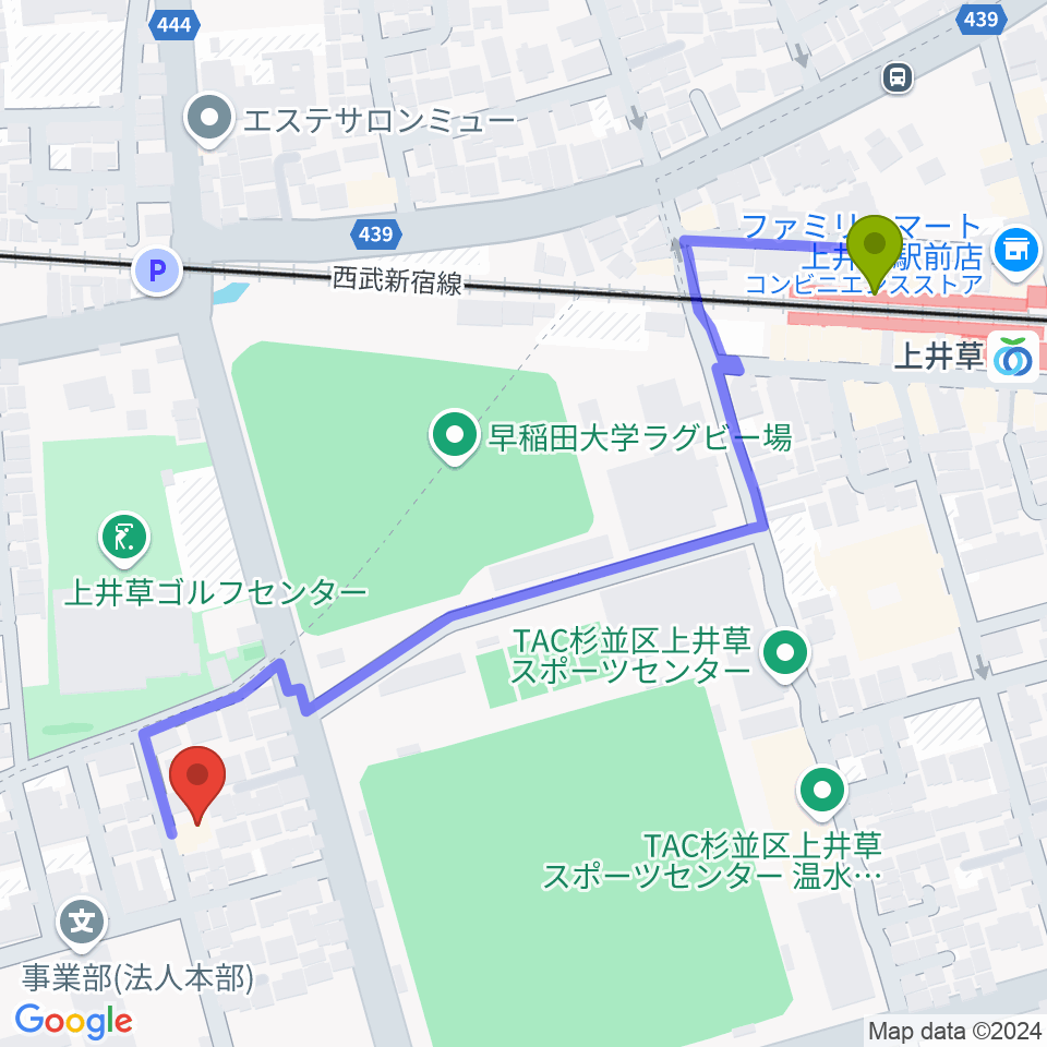 YOKOピアノ＆リトミック教室の最寄駅上井草駅からの徒歩ルート（約6分）地図