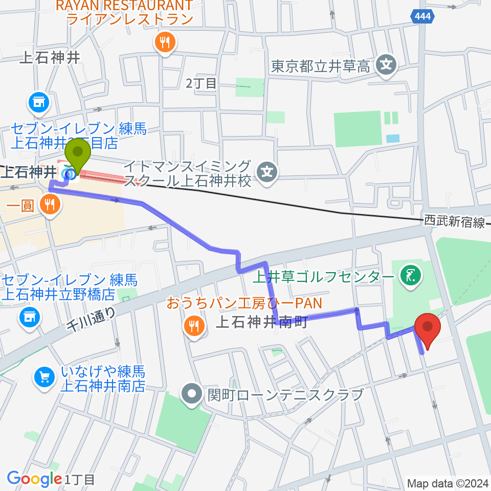 上石神井駅からYOKOピアノ＆リトミック教室へのルートマップ地図