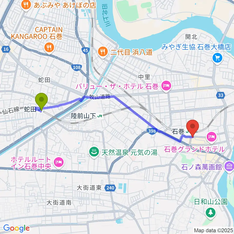 蛇田駅からラジオ石巻へのルートマップ地図