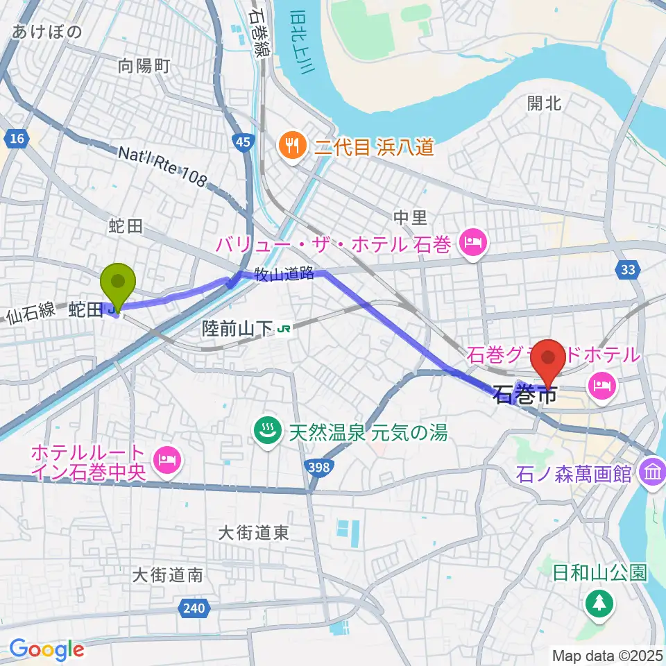 蛇田駅からラジオ石巻へのルートマップ地図