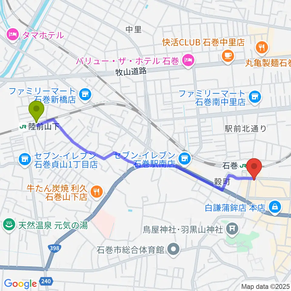 陸前山下駅からラジオ石巻へのルートマップ地図