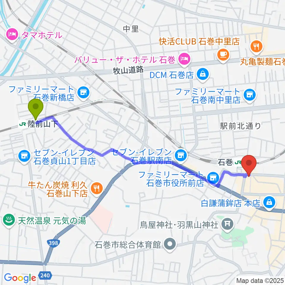 陸前山下駅からラジオ石巻へのルートマップ地図