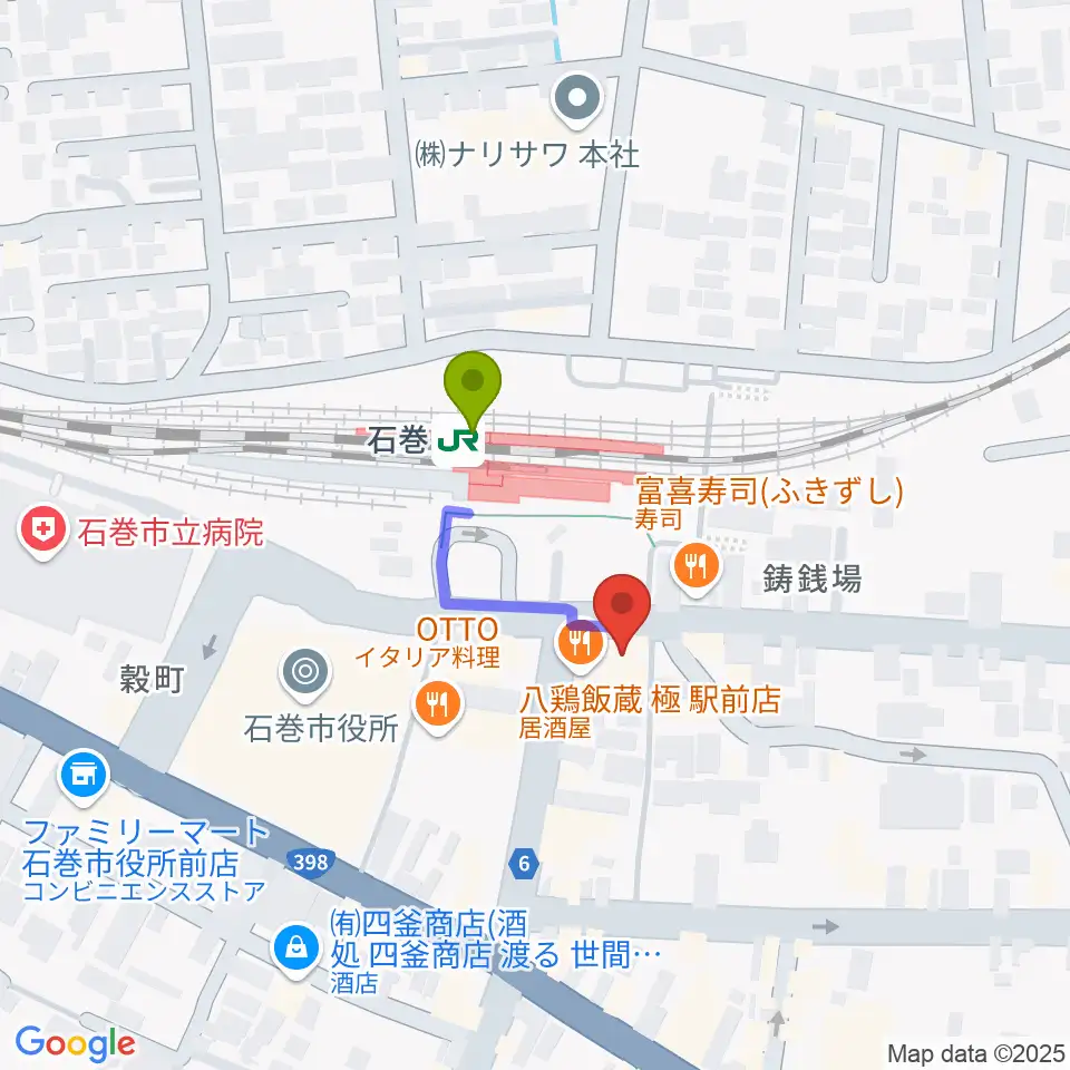 ラジオ石巻の最寄駅石巻駅からの徒歩ルート（約2分）地図