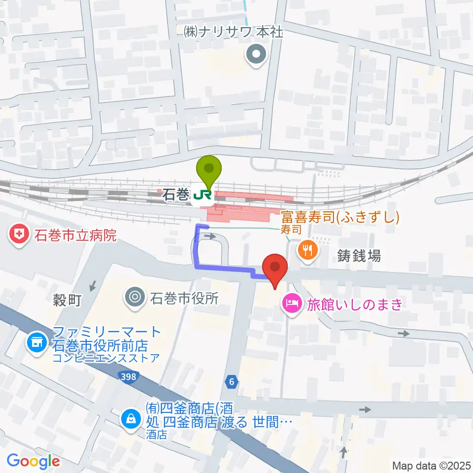 ラジオ石巻の最寄駅石巻駅からの徒歩ルート（約2分）地図