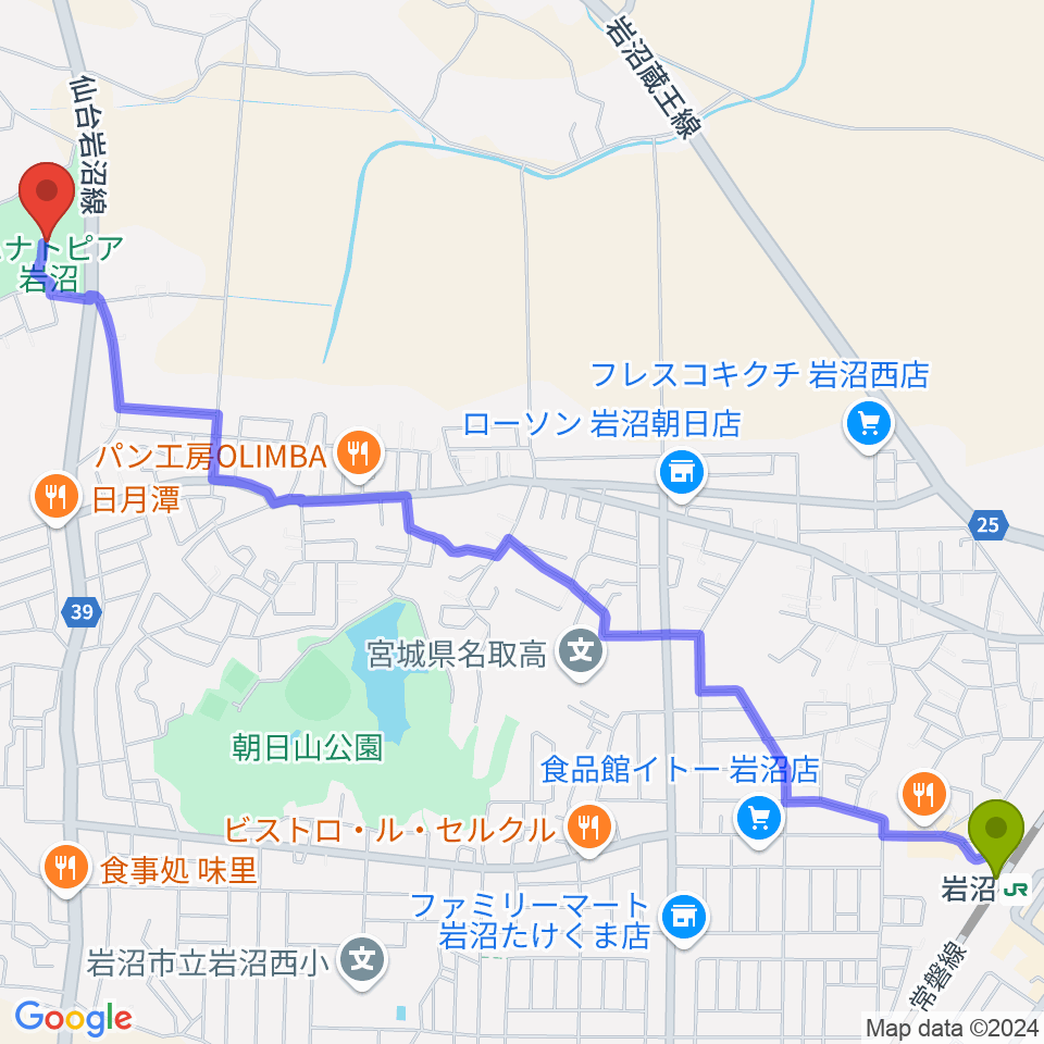 エフエムいわぬまの最寄駅岩沼駅からの徒歩ルート（約33分）地図