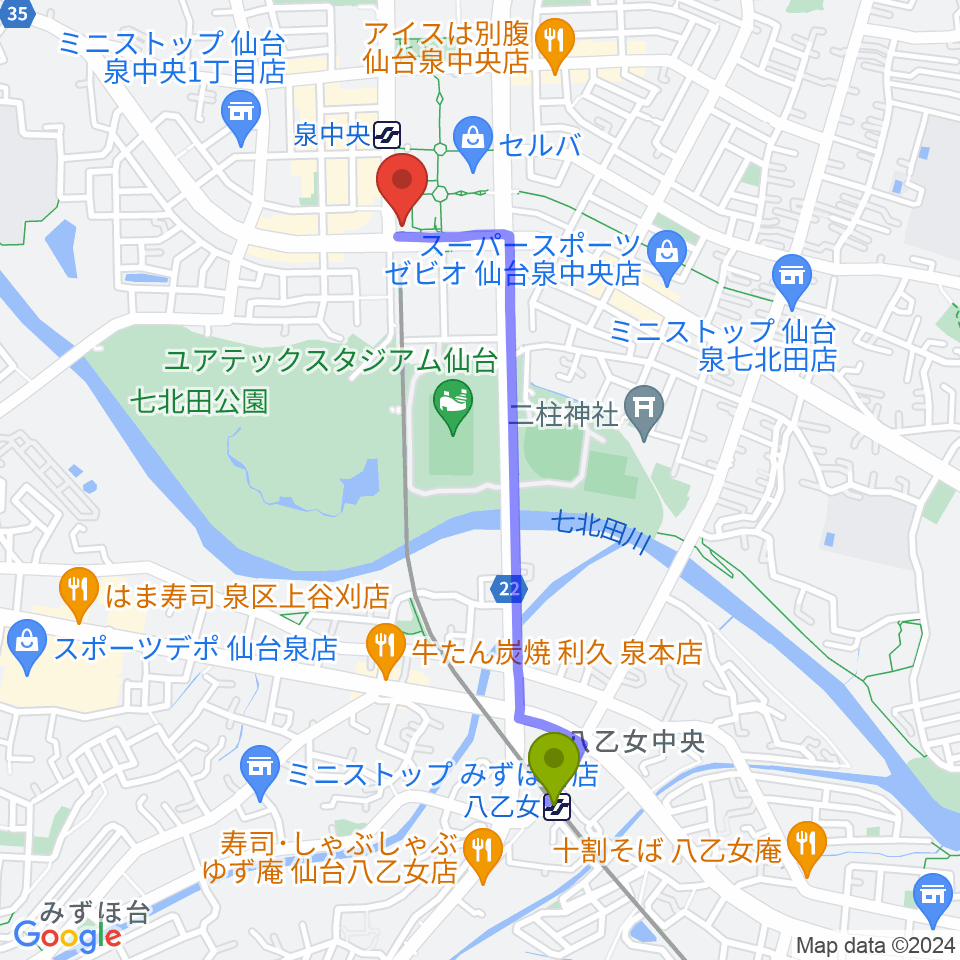 八乙女駅からfmいずみへのルートマップ地図