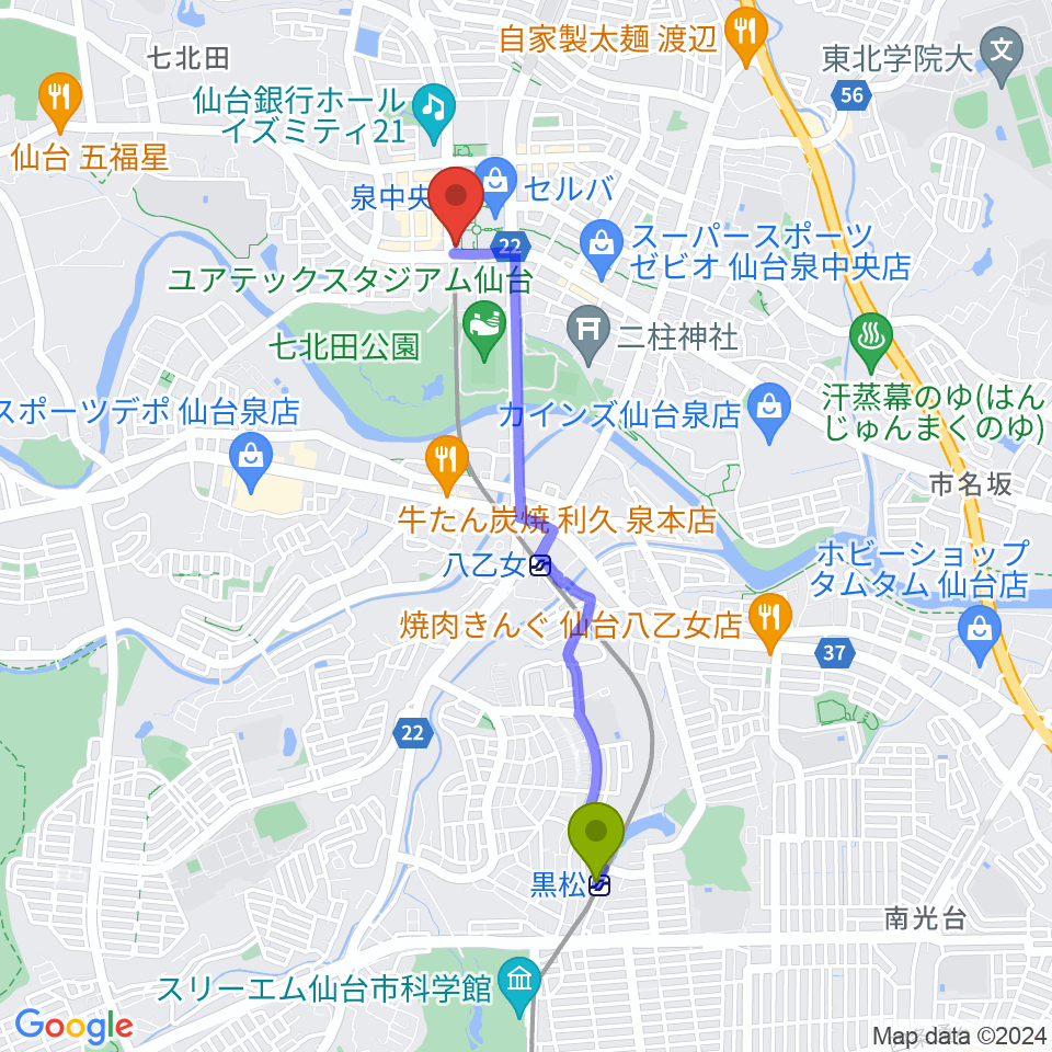 黒松駅からfmいずみへのルートマップ地図