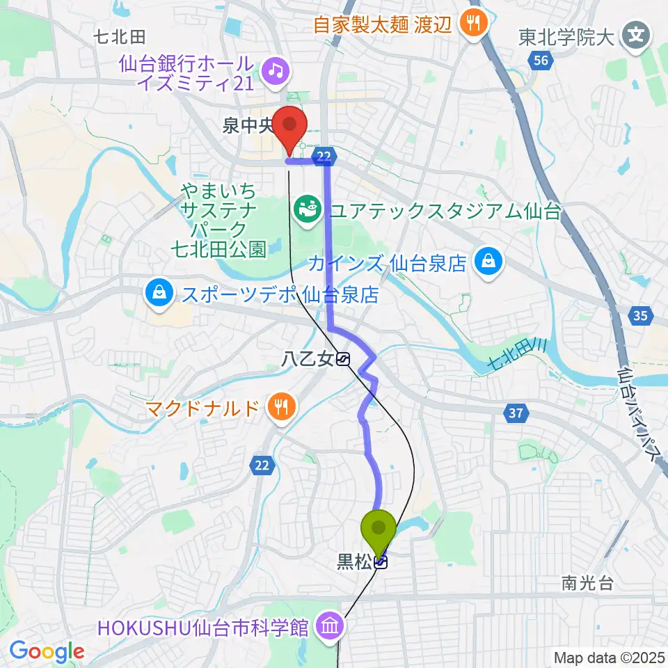 黒松駅からfmいずみへのルートマップ地図