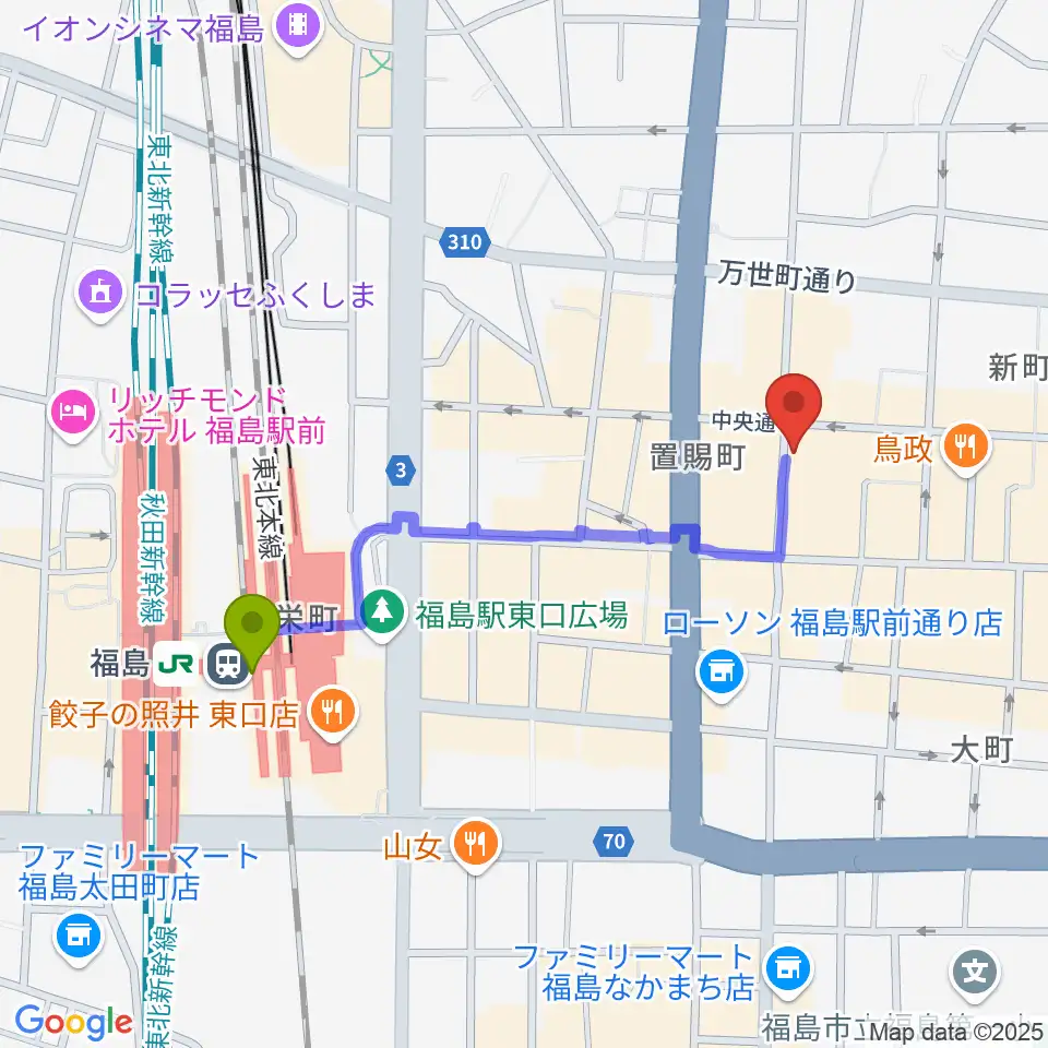 エフエムポコの最寄駅福島駅からの徒歩ルート（約8分）地図