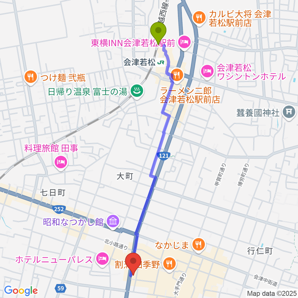 会津若松駅からエフエム会津へのルートマップ地図