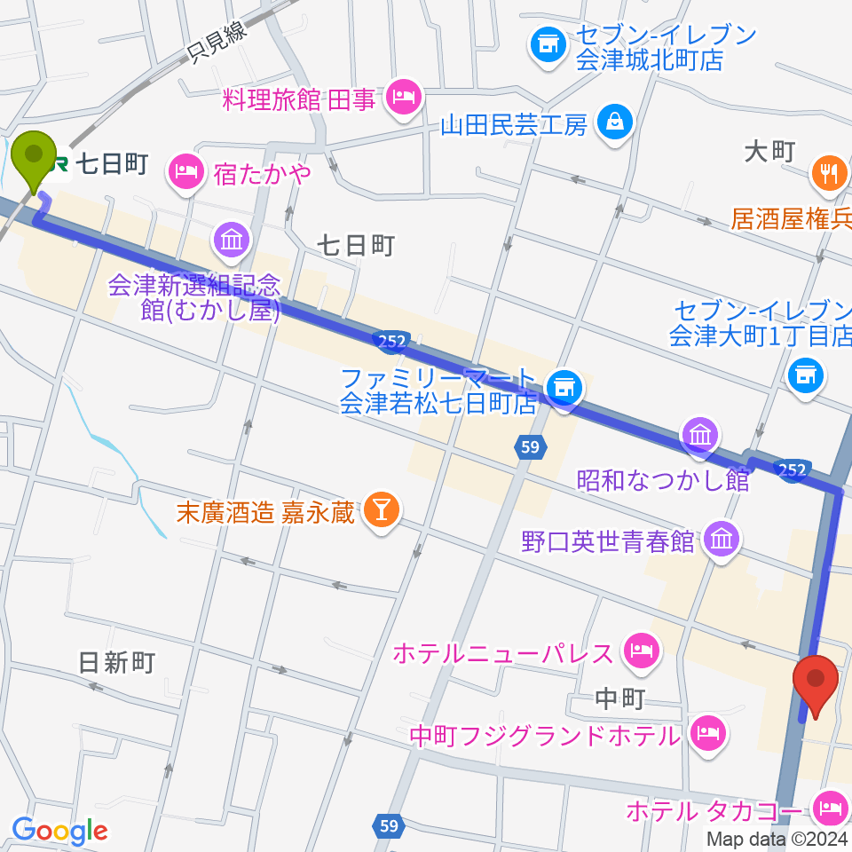 エフエム会津の最寄駅七日町駅からの徒歩ルート（約17分）地図