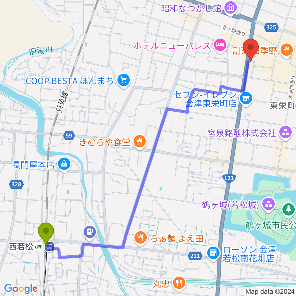 西若松駅からエフエム会津へのルートマップ地図