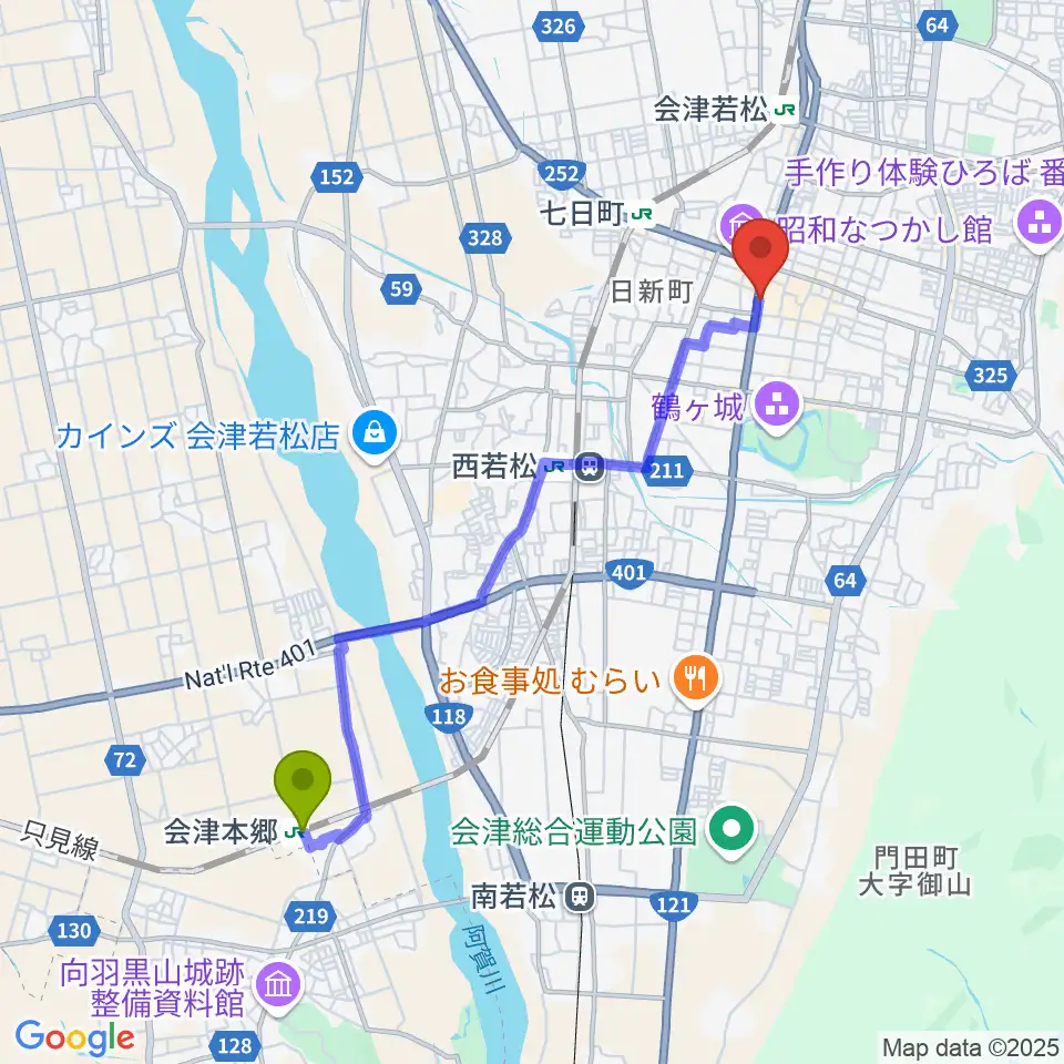 会津本郷駅からエフエム会津へのルートマップ地図