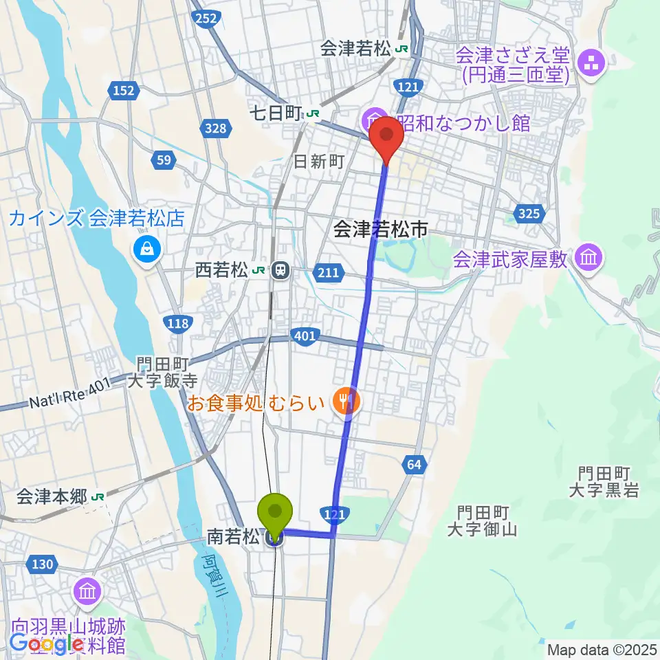 南若松駅からエフエム会津へのルートマップ地図
